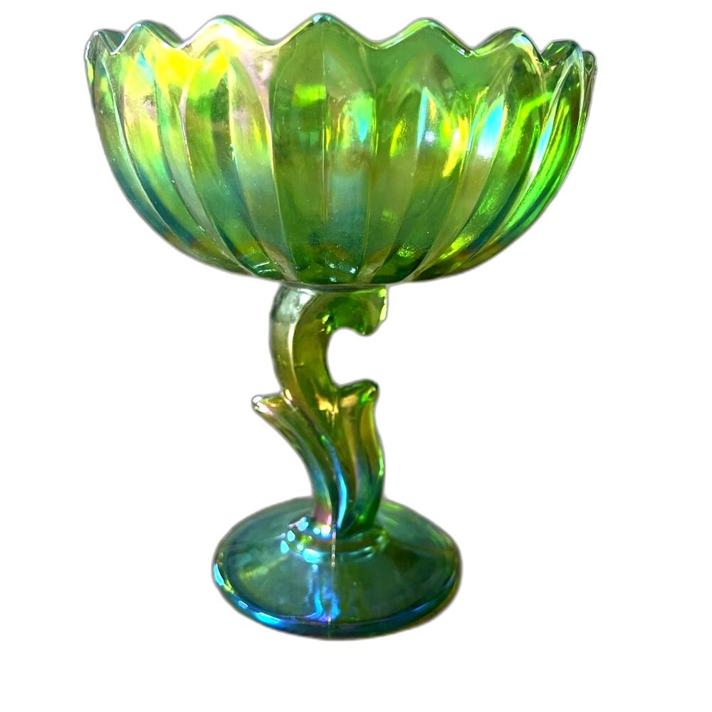 1970 Vintage Indian Glass Co Lotus Blossom Compote Carnival Iridescent Green Cup
